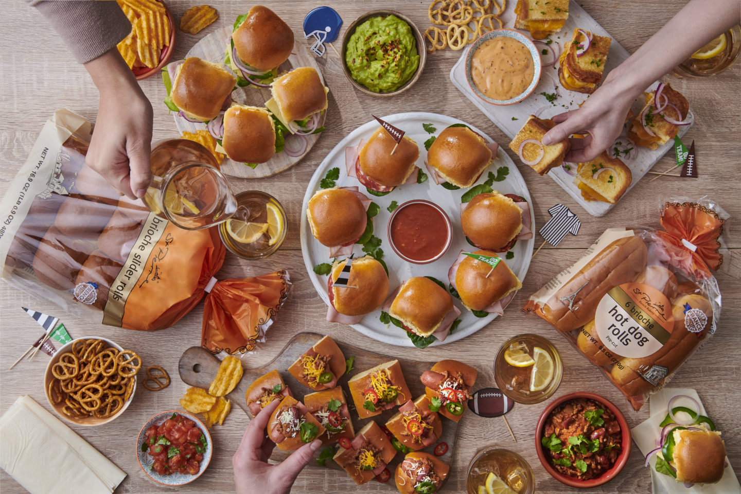 St Pierre Superbowl competition. An overhead shot of a Superbowl Sunday food spread