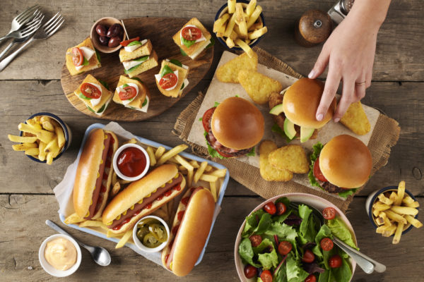 St Pierre Dinner Spread With Burgers, Hot Dogs, Hashbrowns, Toasties, French Fries & Salad